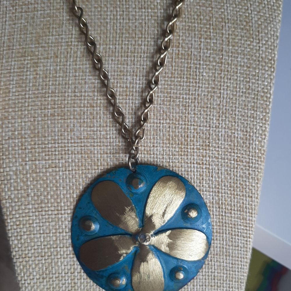 Blue and Gold Floral Medallion Pendant Necklace